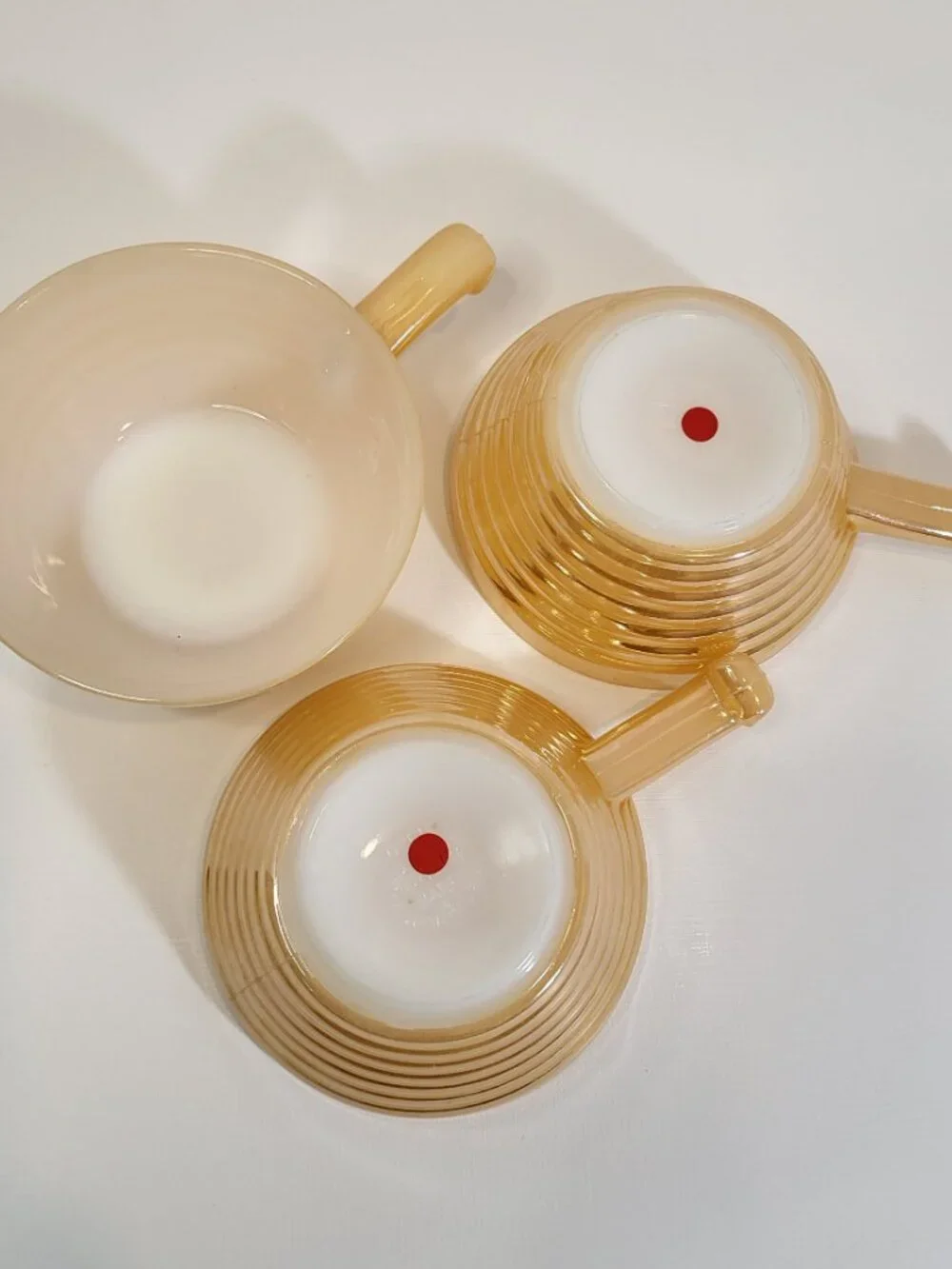 Set of 3 Vintage Fire-King Peach Luster Beehive Handled Soup Bowls